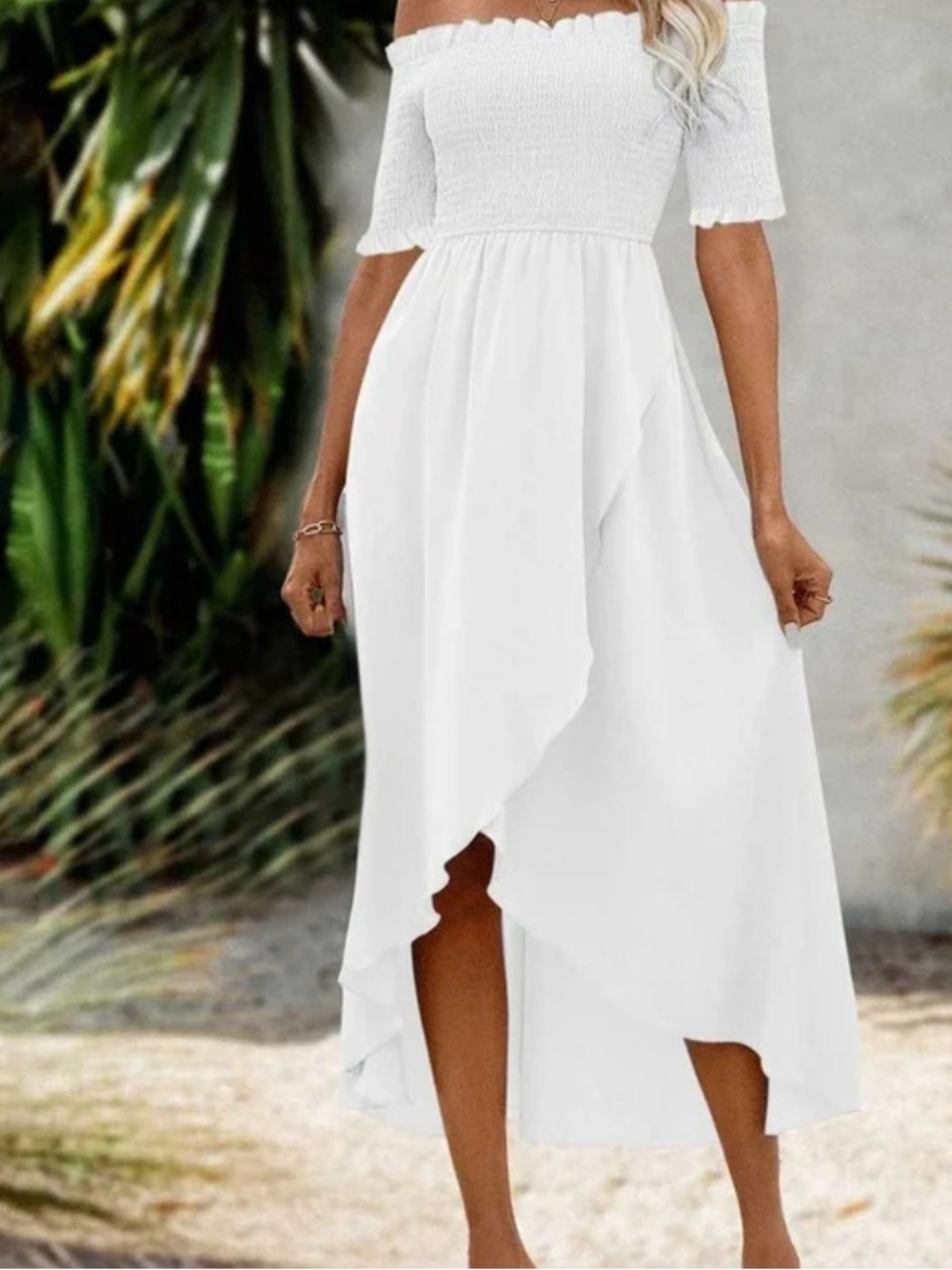 Off-Shoulder White Ruffle Wrap Midi Dress